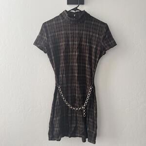 Vintage plaid chain belt mini dress